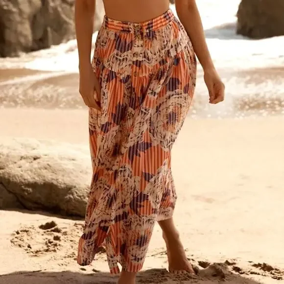 Anthropologie Stripe Floral Button Front A-Line Midi Skirt Cotton Red Blue S - Picture 14 of 15